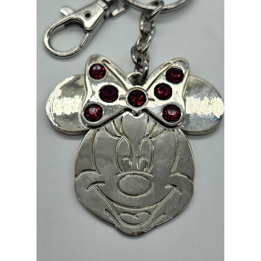 Disney Parks Minnie Mouse January Birthstone Keychain Silver Red Rhinestone Bow